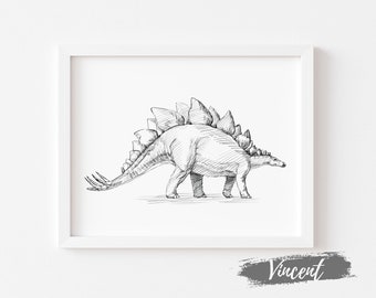 Stegosaurus Vintage Dinosaur Art Printable JPEG PNG, Kids Dino Birthday Sign Decor Prints, Reptile Sketch Drawing Printables, Antique Art