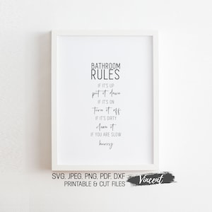 Funny Bathroom Rules Wall Art Printable JPG Pdf PNG & SVG Cut Files Multi sizes, Turn Off The Light Hurry Up Put It Down Quote Sign Decor