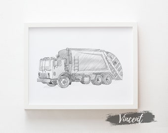 Garbage Truck Prototype Drawing Art Printable JPEG Image Files, Transportation Vehicle Black And White Sketch Art Prints, Nursery Kids Art