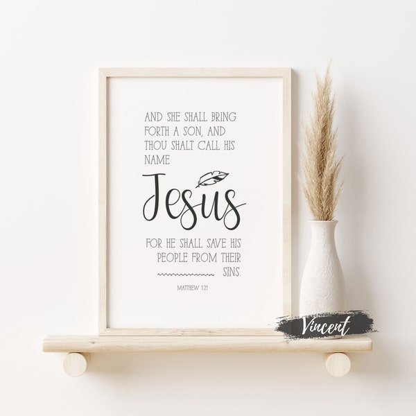 En zij zal een zoonsvers uit de evangeliën voortbrengen SVG JPG PNG afdrukbare en geknipte bestanden, Winter Matthew 1:21 Bijbelmuurbord Decor Prints