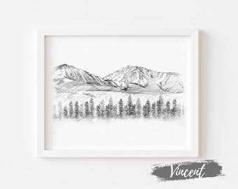 Denali Mountain Line Drawing Art Printable JPEG PNG, National Park Antique Black And White Art Decor, Mountain Forest Sketch Drawing Prints