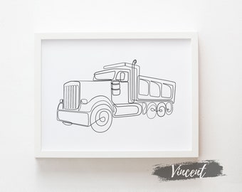 Dump Truck Line Art Prints, Construction Vehicle Drawing Printable Poster, Classic Truck Prints, Minimalist Toddler Room Canvas Printable