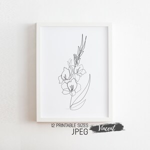 Gladioli Abstract Flower Line Drawing Printable JPG PNG & SVG Sign Cut Files, Botanical Garden Blooming Plant Art Print, Black And White Art