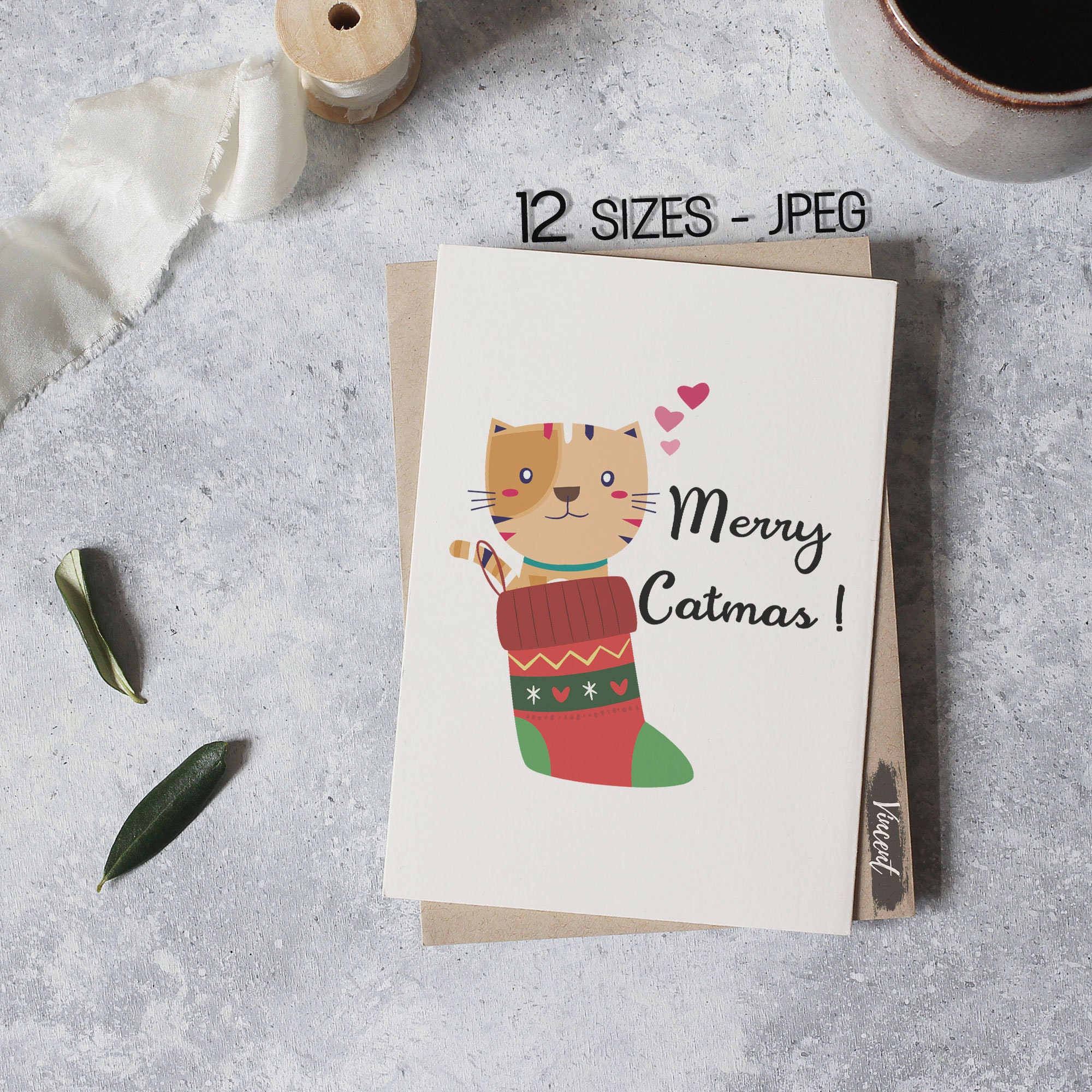 Merry Catmas Christmas Cat Pun Art Printable JPEG Funny Xmas Etsy