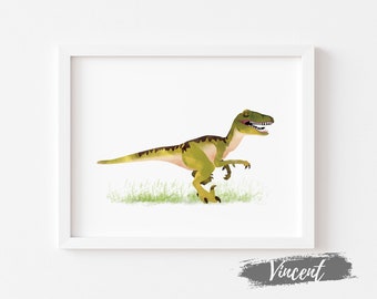 Velociraptor Watercolor Dinosaur Art Printable JPEG PNG, Kids Raptor Dino Birthday Gifts, Boys Playroom Wall Decor Print, Reptiles Drawing