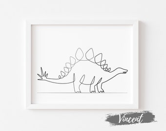 Stegosaurus Dinosaur Line Drawing Art Printable JPEG PNG & SVG Cut Files, Kids Dinosaur Birthday Gift Card Prints, Abstract Reptile Art Deco