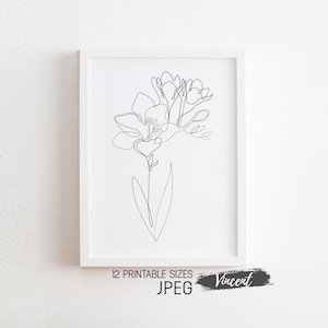 Freesia Flower Line Art Printable JPEG PNG & SVG Cut Files, Plant Drawing Art Prints, Garden Farmhouse Minimalist Black And White Art Decor