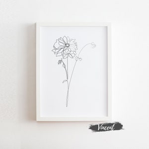 Dahlia Flower Line Art para impressão em JPEG, downloads de imagens, impressões de arte de plantas, pôster de arte minimalista de desenho de linha única, decoração de arte da natureza