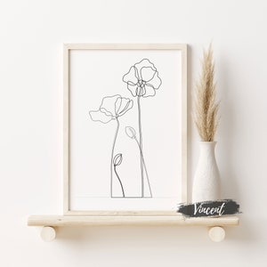 Coquelicot fleur ligne Art imprimable JPEG PNG & SVG coupe fichiers, abstrait botanique jardin plante dessin imprime, noir et blanc mur affiche Decor