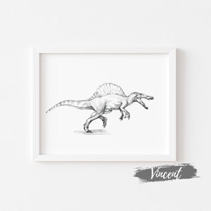 Spinosaurus Dinosaur Szkic Rysunek Wydrukuj JPEG PNG, Dziecięce Dino Urodzinowe Karty Podarunkowe Wydruki, Chłopięca Pokój Zabaw Sztuka Dekoracji Ściennej, Gad Sztuka Wydruku