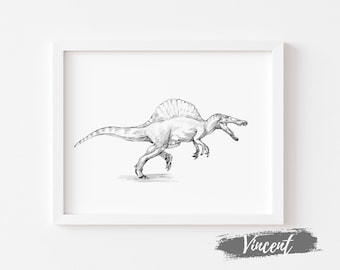 Spinosaurus Dinosaur Sketch Drawing Printable JPEG PNG, Kids Dino Birthday Gift Card Prints, Boys Playroom Wall Art Decor, Reptile Art Print