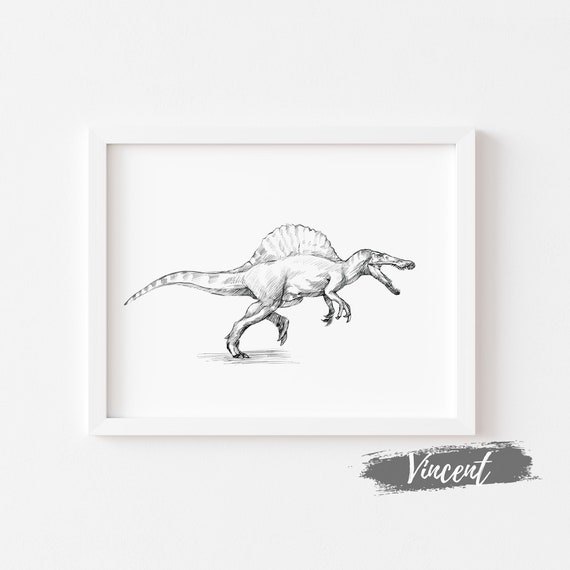 Spinosaurus Dinosaur Sketch Drawing Printable JPEG PNG, Kids Dino Birthday Gift Card Prints, Boys Playroom Wall Art Decor, Reptile Art Print