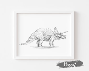 Vintage Triceratops Dinosaur Sketch Drawing Printable JPEG PNG, Reptile Antique Art Decor Prints, Kids Birthday Gift, Boys Playroom Poster