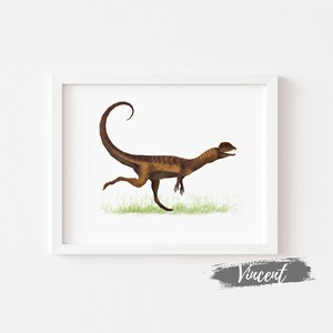 Dilophosaurus Dinosaur Oil Painting Printable JPEG, Jurassic Predatory Lizard Watercolor Drawing Art Prints, Kids Dino Birthday Gift Card