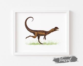 Dilophosaurus Dinosaur Oil Painting Printable JPEG, Jurassic Predatory Lizard Watercolor Drawing Art Prints, Kids Dino Birthday Gift Card