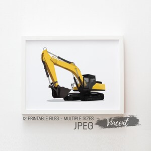 Grande caminhão escavadeira de construção em aquarela para impressão JPEG PNG, impressões de cartões DIY de aniversário de caminhão 3D para crianças, decoração de arte de parede de sala de jogos para meninos