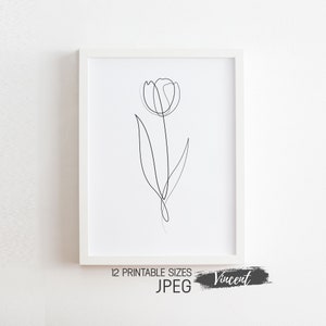Tulipany Kwiat Abstrakcyjny Rysunek Pojedynczej Linii Do Wydrukowania JPG PNG & SVG Pliki Cięcia, Kwitnące Rośliny Sztuka Dekoracji Wydruki, Ogród Wiejski Minimalistyczny Sztuka
