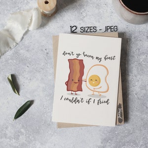 Images JPEG imprimables de carte de jeu de mots Don't go bacon my heart, jeu de mots nourriture impression d'art 12 tailles, oeuf au plat citation signe déco, cadeaux pour couple Saint-Valentin