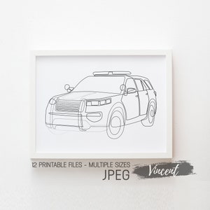 Modern Police SUV Car Line Art Printable JPEG PDF, Stampe di manifesti con disegni di veicoli della polizia astratti, regali di agenti di polizia per il compleanno