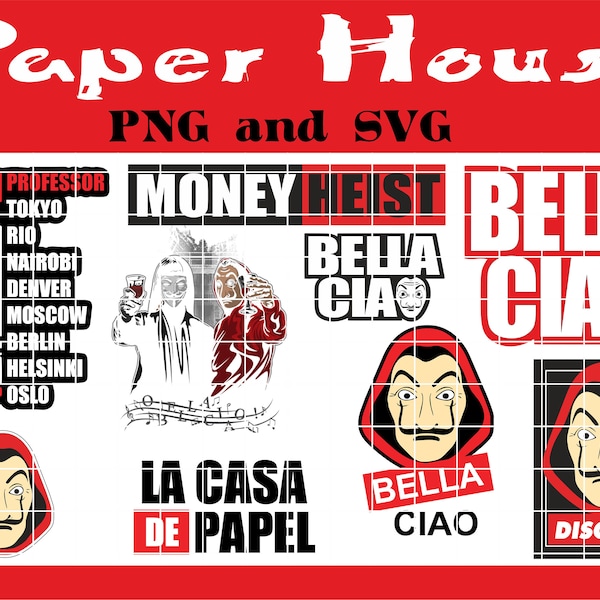 Paper House Money Heist, Bella Ciao, 7 en 1 SVGs, HTV, España, Descarga digital, DIY, Silueta, Circuito, Capas