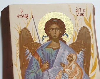 Guardian Angel Hand painted Orthodox, religious icon, byzantine Greek icon, sacred icon, handmade painting, religious item, art, angel,faith
