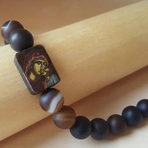 Handmade bracelet HOLY MARY and JESUS,religious Charm Jewelry,amulet,talisman,Madonna,with brown-black achatis gemstones,orthodox gift,faith