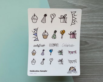 Celebration Sampler Icon Stickers | I014 | Minimal doodle birthday sticker for bullet journals, planners, journals and scrapbooks