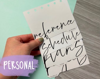 Script Style Personal Planner Custom Dividers | White side and top dividers for personal ring planner, minimal personalized text dividers