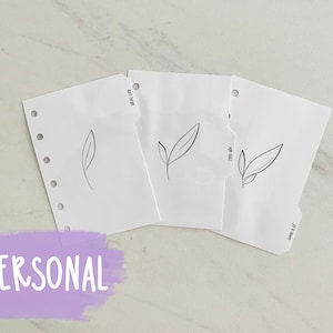 Growing Leaf Doodle Personal Planner Custom Dividers | White side & top divider for personal ring planner, minimal personalized text divider