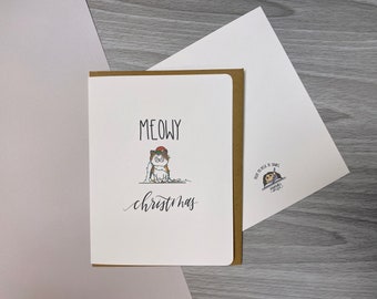 Meowy Christmas Cat Card | Holiday card for cat lovers, punny cat cards, winter greeting card, black cat card, cozy cat card