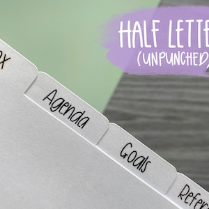 Half Letter Planner Custom Dividers | White side and top dividers for HL planners, minimal personalized text dividers