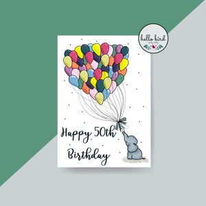 cinquantième anniversaire d'éléphant mignon | 50e anniversaire | Ballons d'anniversaire | carte d'éléphant | Joyeux 50e | 2 tailles disponibles