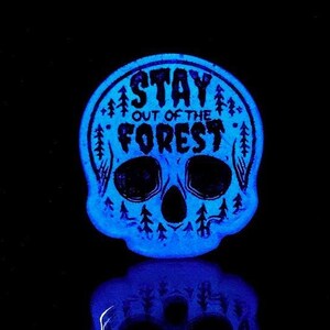 May include: A blue glow-in-the-dark skull sticker with the text "Stay Out of the Forest" printed on it.