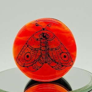 May include: A round, orange bottle stopper with a black moth illustration. The moth design features detailed wings and body markings. The stopper is set on a reflective surface, showcasing its vibrant color and design.