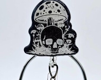 Goth Mushroom and Skull Phone Grip; Gothic Gray Skull Retractable Badge Reel