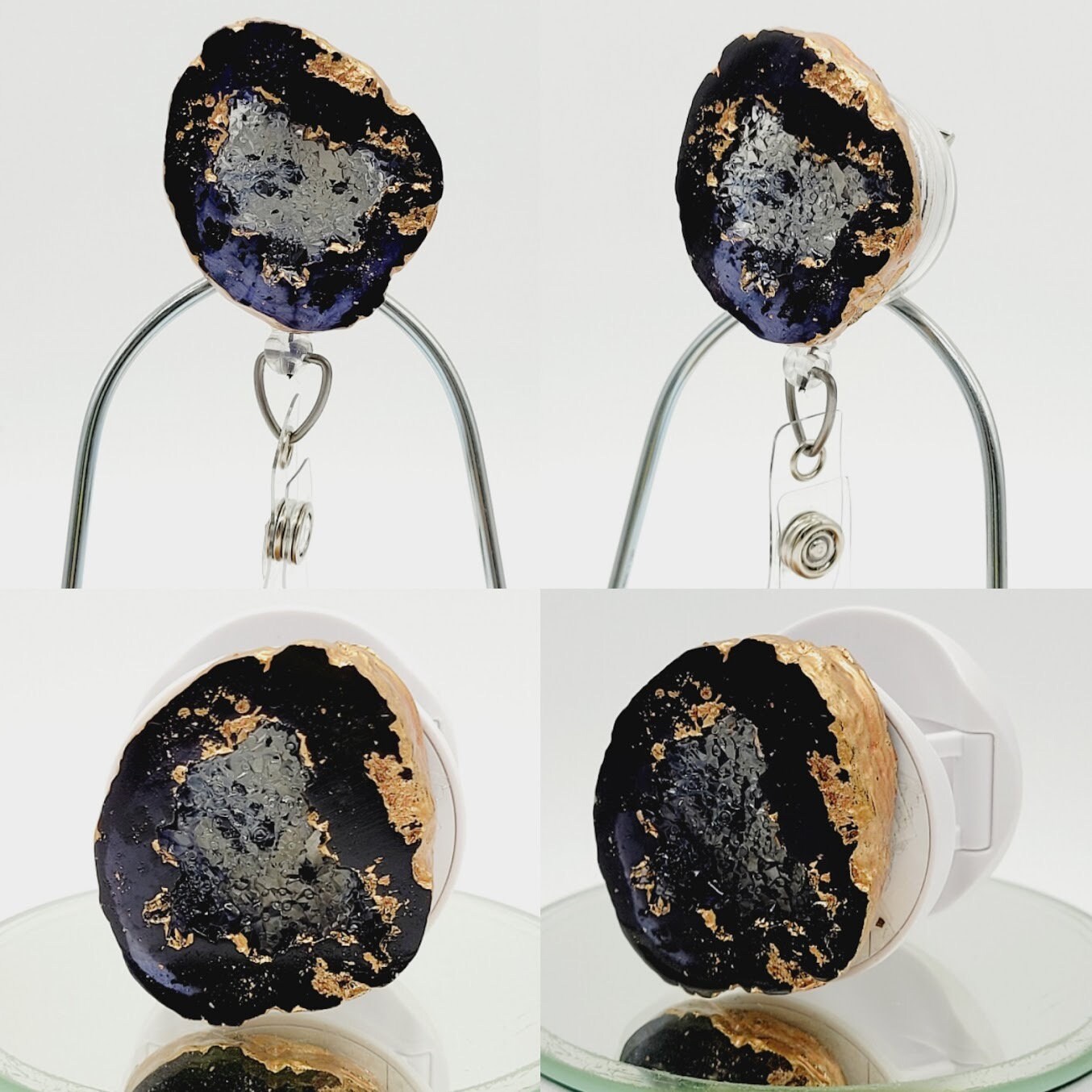 Faux Black and Gold Agate Geode Retractable Badge Reel or Phone Grip: Black and Gold Agate Slice ID Badge Holder