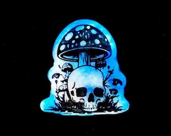 Impugnatura per telefono con teschio e fungo fosforescente; porta badge retrattile fosforescente rosa e blu gotico