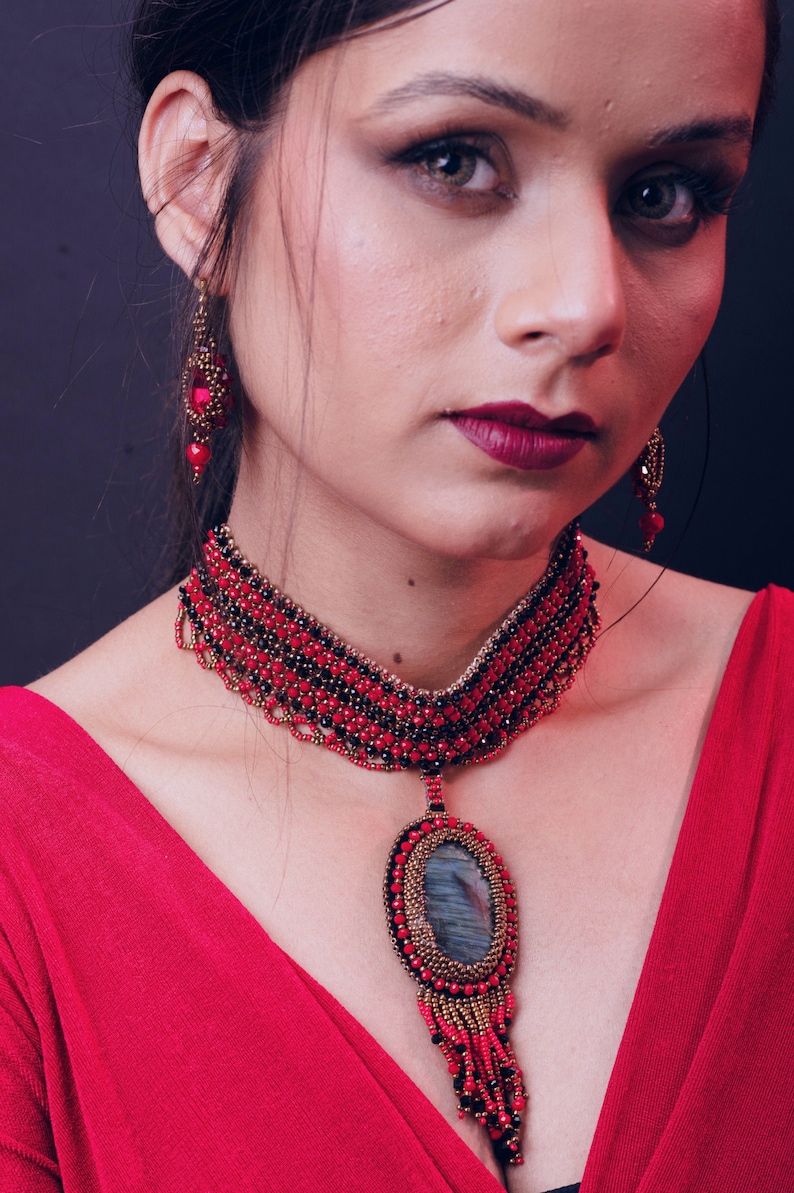 Premium crystal choker and earring Handmade choker and earring Personalized Bead Embroidery design LABRADORITE CHOKER and earring set