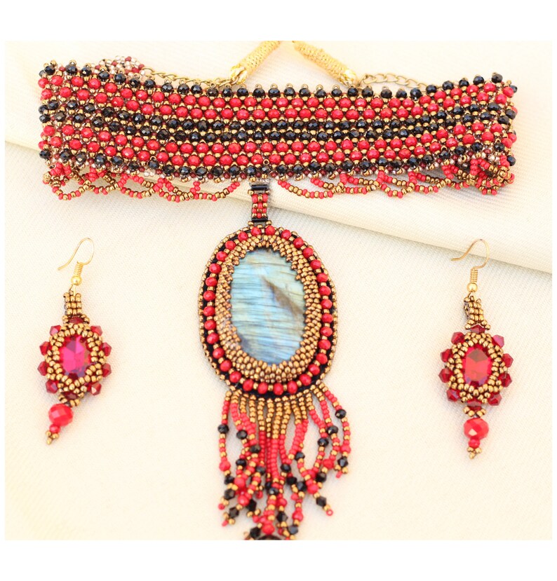 Premium crystal choker and earring Handmade choker and earring Personalized Bead Embroidery design LABRADORITE CHOKER and earring set