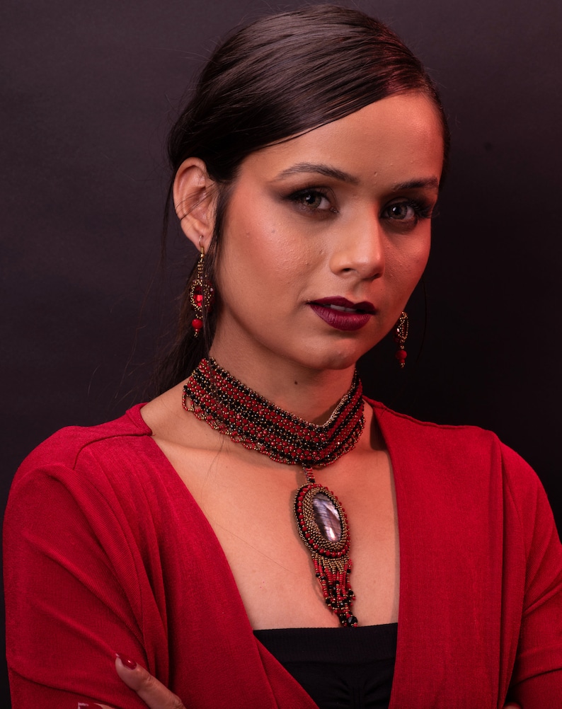Premium crystal choker and earring Handmade choker and earring Personalized Bead Embroidery design LABRADORITE CHOKER and earring set