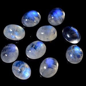 10 Pieces, Top Quality Rainbow Moonstone Oval Cabochon lot, Blue Flashy Natural Moonstone Gemstone, Semi precious for Making Jewelry