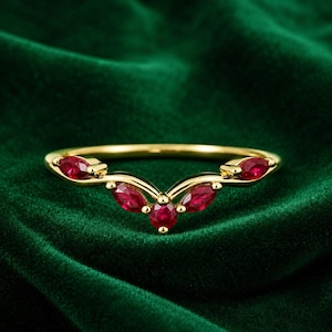 Ruby Red Zircon Ring, Marquise Zircon Ring, Crown Wedding Band, V Shaped Ring, Stacking Ring, 925 Silver Ring, Gift for Her