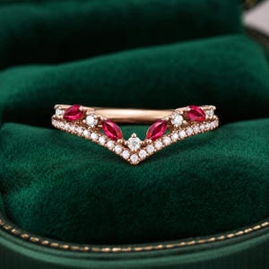 Ruby Red Zircon Chevron Ring, 925 Sterling Silver Ring, V Shape Crown Ring, Marquise Zircon Band, Gift for Her