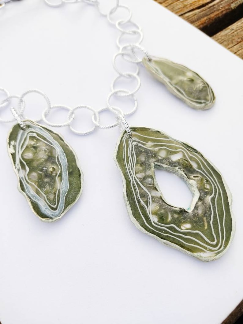 Moss green and silver colors Big statement necklace with handmade imitations of agates Avant-garde unique bib necklace Art jewelry.
