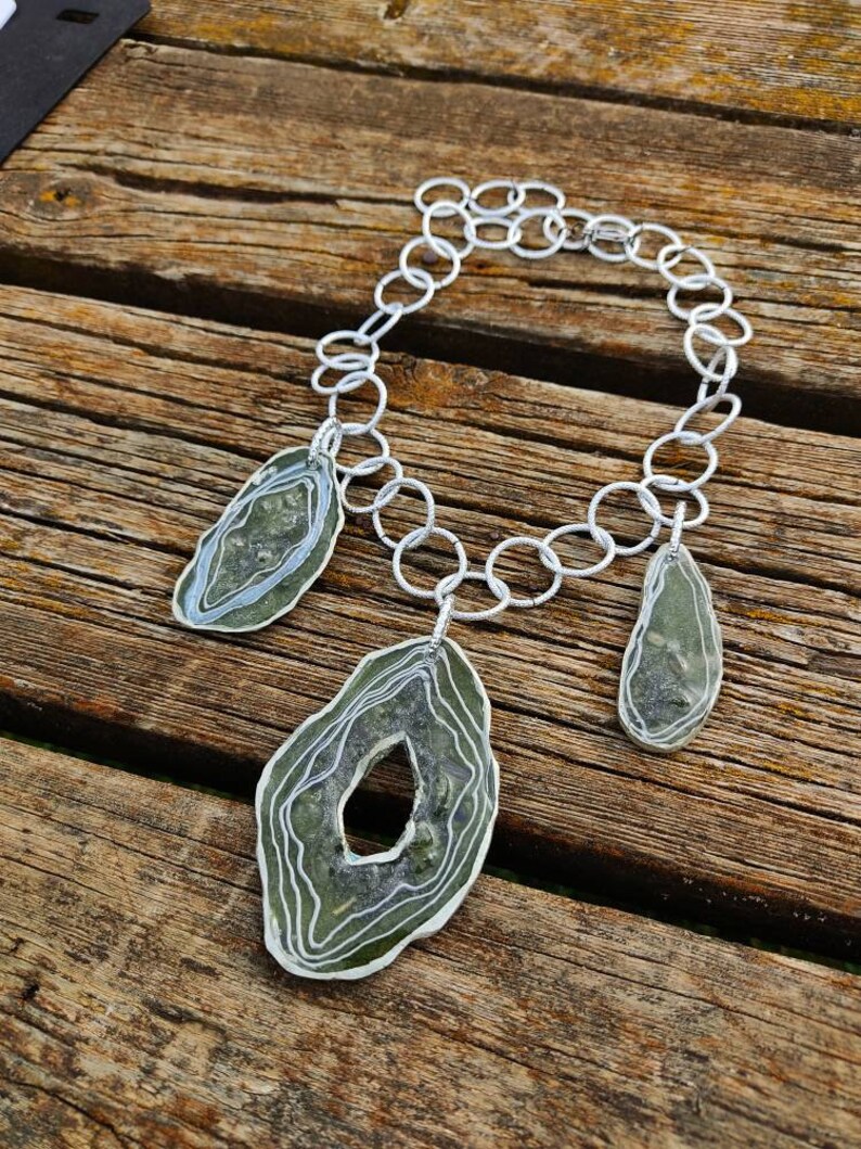 Moss green and silver colors Big statement necklace with handmade imitations of agates Avant-garde unique bib necklace Art jewelry.