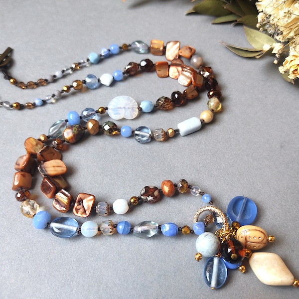 Long statement boho beaded gemstone necklace in natural fall season colors. Agates and Czech bohemian beads. Handmade in France