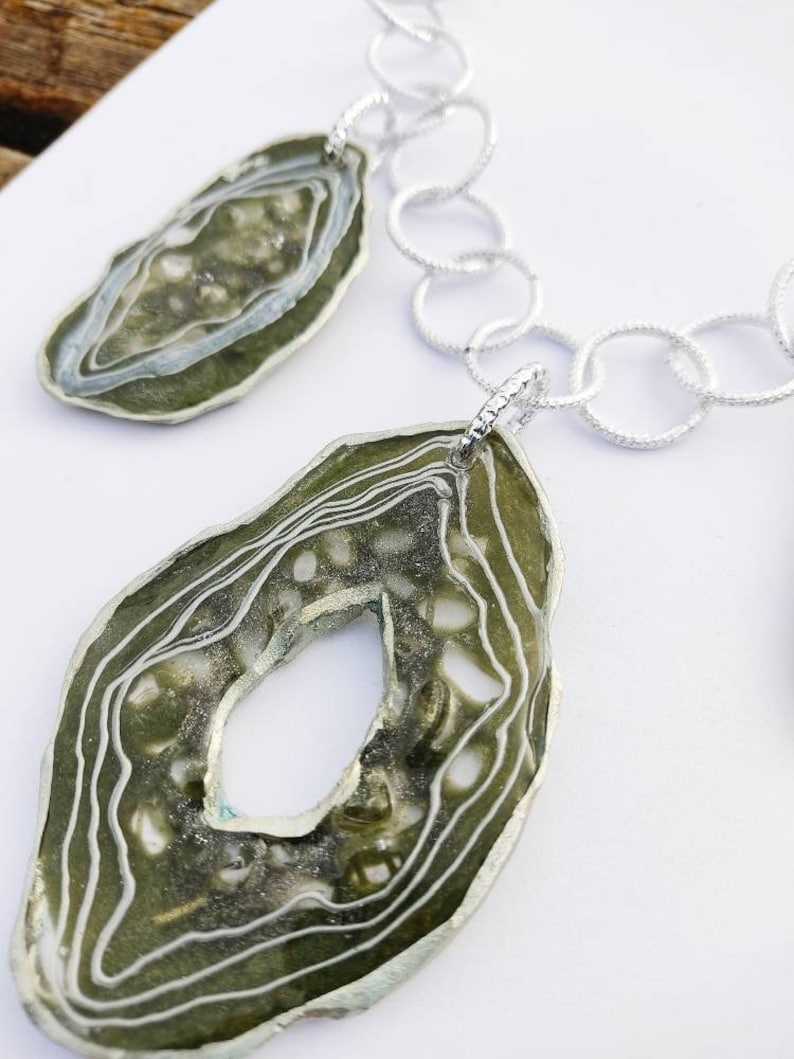 Moss green and silver colors Big statement necklace with handmade imitations of agates Avant-garde unique bib necklace Art jewelry.