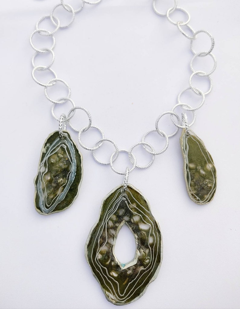 Moss green and silver colors Big statement necklace with handmade imitations of agates Avant-garde unique bib necklace Art jewelry.