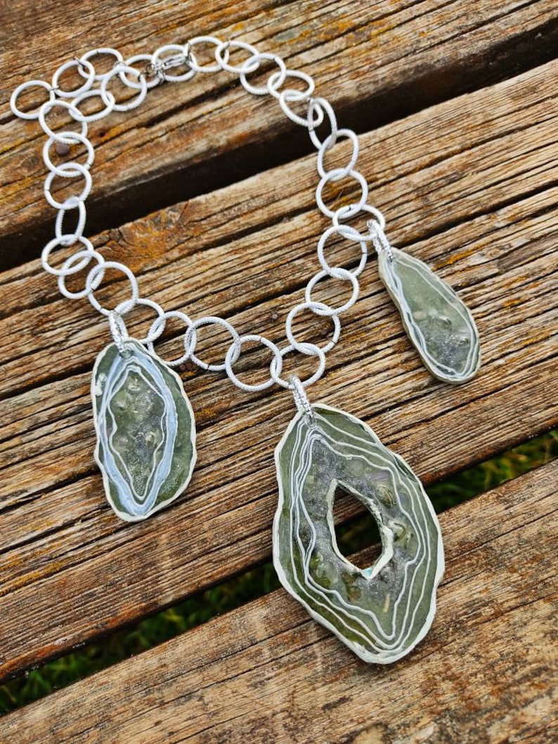 Moss green and silver colors Big statement necklace with handmade imitations of agates Avant-garde unique bib necklace Art jewelry.