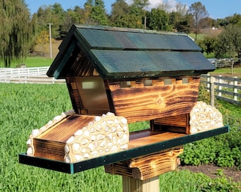 Bird Feeder Amish Made Large, Made of White Pine and White Stones, Bridge Design With 3 Feeding Areas